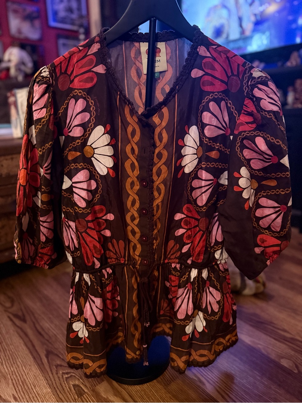 Farm Rio Brown Floral Peplum Button-Front Top
